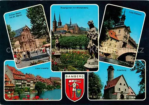 AK / Ansichtskarte Bamberg Gruener Markt mit St Martin Rosengarten Michaelsburg Altes Rathaus Klein Venedig Altenburg Kat. Bamberg