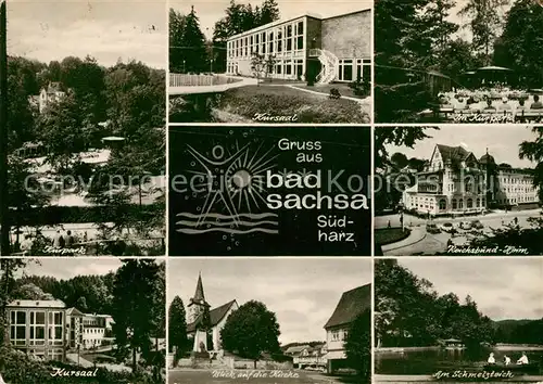 AK / Ansichtskarte Bad Sachsa Harz Kurpark Kursaal Reichsbund Heim Kursaal Kirche Am Schmelzteich Kat. Bad Sachsa