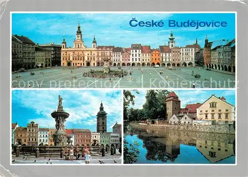 AK / Ansichtskarte Ceske Budejovice Zizkovo namesti s historickou radnici Samsonova kasna s Cernov vezi Zelezna panna Kat. Budweis Ceske Budejovice