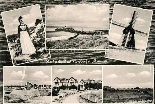 AK / Ansichtskarte Norddorf Amrum Trachtenmaedchen Strand Muehle Panorama Kat. Norddorf