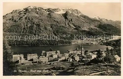 AK / Ansichtskarte St Moritz GR Gesamtansicht mit Dorf und Bad Moritzersee Alpenpanorama Kat. St Moritz