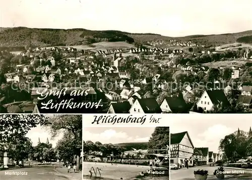 AK / Ansichtskarte Hilchenbach Siegerland Panorama Marktplatz Freibad Oberer Markt Kat. Hilchenbach