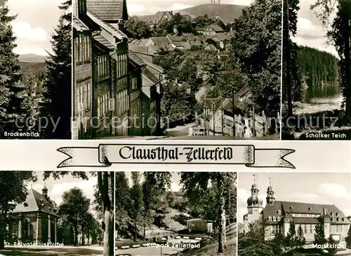 AK / Ansichtskarte Clausthal Zellerfeld Brockenblick Schalker Teich St Salvatoriuskirche Kurpark Zellerfeld Marktkirche Kat. Clausthal Zellerfeld