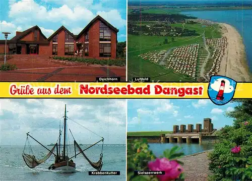 AK / Ansichtskarte Dangast Nordseebad Deichhorn Krabbenkutter Sielsperrwerk Luftbild