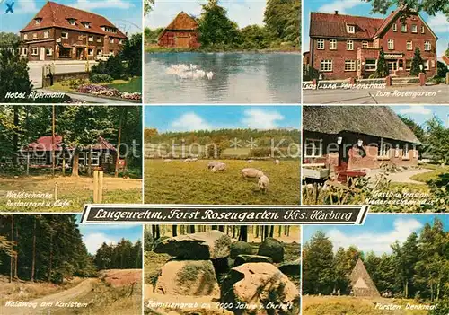 AK / Ansichtskarte Langenrehm Hotel Alpermann Gasthaus Zum Rosengarten Waldschaenke Waldweg am Karlstein Familiengrab 2000 Jahre v Chr Fuerstendenkmal Kat. Rosengarten