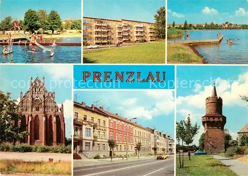 AK / Ansichtskarte Prenzlau Freibad Uckersee Neubauten Kirche Puschkinstrasse Mitteltorturm Kat. Prenzlau