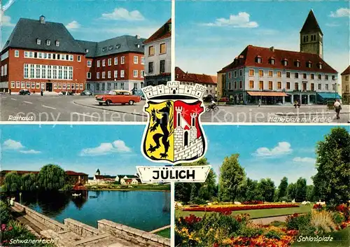 AK / Ansichtskarte Juelich Rathaus Marktplatz Kirche Schwanenteich Schlossplatz Wappen Kat. Juelich