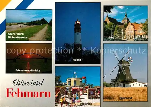 AK / Ansichtskarte Insel Fehmarn Gruener Brink Niobedenkmal Fehmarnsundbruecke Fluegge Leuchtturm Burg Windmuehle Suedstrand Kat. Fehmarn