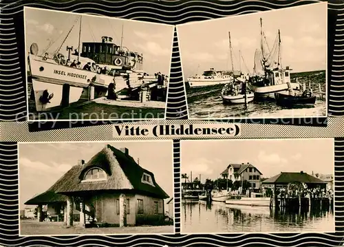 AK / Ansichtskarte Vitte Hiddensee Dampfer Fischkutter Hafen Reetdachhaus