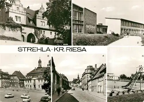 AK / Ansichtskarte Strehla Torhaus des Schlosses Erich Weinert Oberschule Rathaus Markt Hauptstrasse Schwimmbad Freibad Kat. Strehla