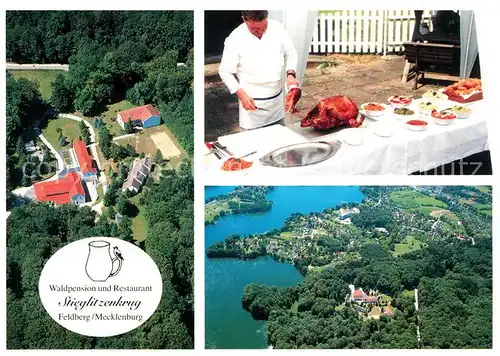 AK / Ansichtskarte Feldberg Mecklenburg Waldpension Restaurant Stieglitzenkrug Fliegeraufnahmen Koch beim Tranchieren Kat. Feldberger Seenlandschaft