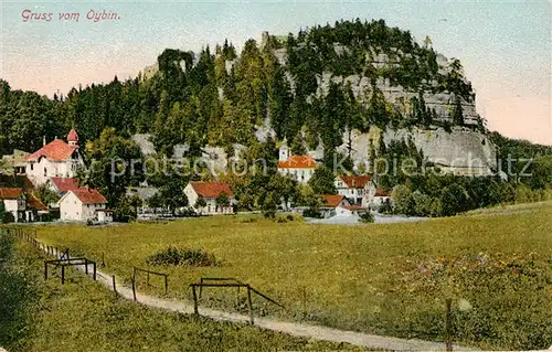 Oybin Teilansicht mit Kirche mit Berg Oybin Zittauer Gebirge Kat. Kurort Oybin