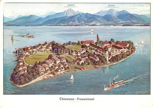 AK / Ansichtskarte Fraueninsel Chiemsee Kuenstlerkarte Hochfelln Hochgern Kat. Chiemsee