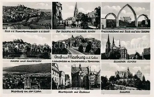 AK / Ansichtskarte Marburg Lahn Bismarckpromenade Steinweg Elisabeth Kirche Freilichtbuehne Schloss und Universitaet Lahnbruecke Stadtblick Marktplatz Rathaus Kat. Marburg