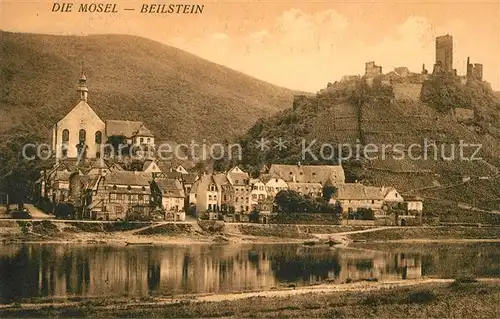 Beilstein Mosel Blick ueber die Mosel zur Burgruine Kirche Kat. Beilstein