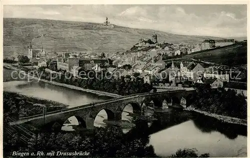 Bingen Rhein Panorama mit Drususbruecke Niederwalddenkmal Kat. Bingen am Rhein