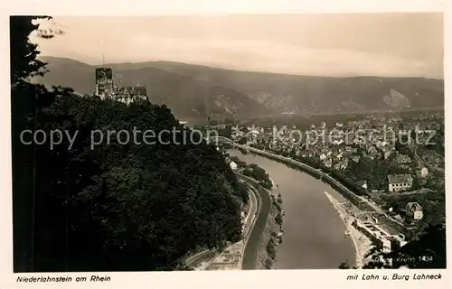 Niederlahnstein Panorama mit Lahn und Burg Lahneck Kat. Lahnstein