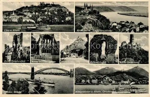 Remagen Landschaftspanorama Apollinariskirche Burgruinen Schloesser Linz Bonn Rheinbruecke Drachenfels Kat. Remagen