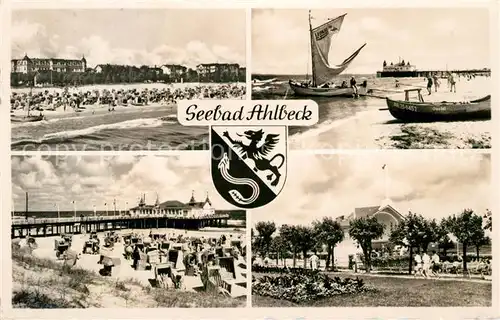 Ahlbeck Ostseebad Strand Segelboot Seebruecke Konzertpavillon Wappen Kat. Heringsdorf Insel Usedom