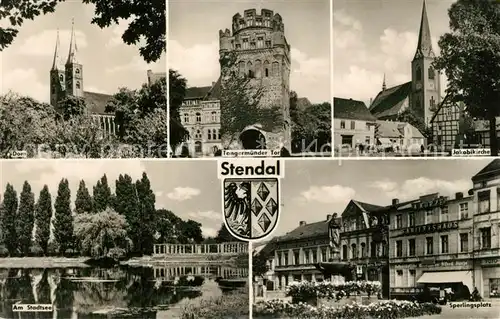 AK / Ansichtskarte Stendal Dom Tangermuender Tor Jakobikirche Stadtsee Sperlingsplatz Wappen Kat. Stendal