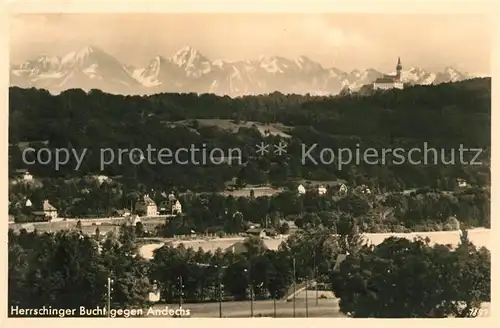 AK / Ansichtskarte Andechs Landschaftspanorama Herrschinger Bucht Alpen Kat. Andechs