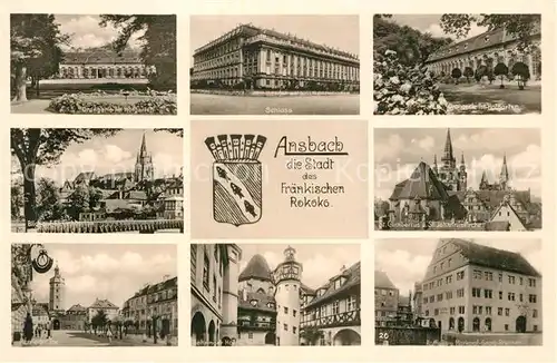 AK / Ansichtskarte Ansbach Mittelfranken Orangerie Hofgarten Kirche Herrieder Tor Schloss Rathaus Brunnen Wappen Kat. Ansbach