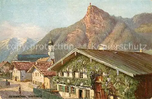 AK / Ansichtskarte Oberammergau Dorfpartie mit Kirche Alpen Kuenstlerkarte Serie Deutsche Staedtebilder Kat. Oberammergau