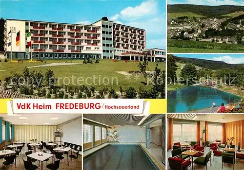 AK / Ansichtskarte Fredeburg Schmallenberg VDK Erholungsheim Speisesaal Schwimmbad Panorama See