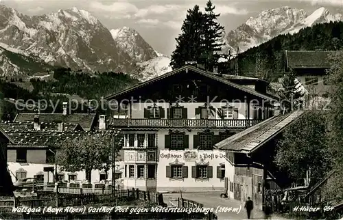 AK / Ansichtskarte Wallgau Gasthof Post gegen Wettersteingebirge Huber Karte Nr 964 Kat. Wallgau