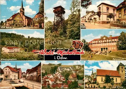 AK / Ansichtskarte Waldmichelbach Kath Kirche Kreisjugendheim Rudi Wuenzer Turm Ludwigstr Gymnasium Rathtus Ev Kirche Kat. Wald Michelbach