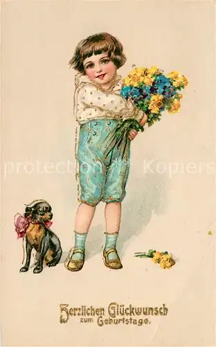 AK / Ansichtskarte Geburtstag Kind Hund Blumen Litho Kat. Greetings