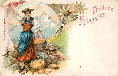 AK / Ansichtskarte Pfingsten Pentecost Pentecote Edelweiss Litho Frau Tracht  Kat. Greetings