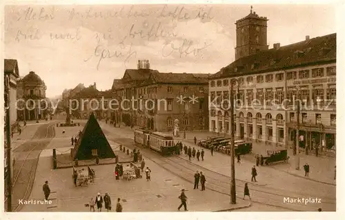 AK / Ansichtskarte Strassenbahn Karlsruhe Marktplatz Kat. Strassenbahn