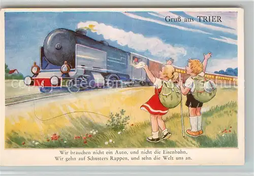 Trier Eisenbahn Dampflokomotive Kinder mit Rucksack Kuenstlerkarte Kat. Trier