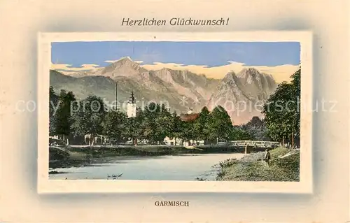 AK / Ansichtskarte Garmisch Partenkirchen Partie am Fluss Alpenpanorama Kat. Garmisch Partenkirchen