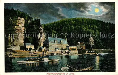 AK / Ansichtskarte Herrnskretschen Tschechien Boehmen Elbepartie mit Schloss Kat. Hrensko