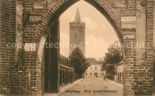 AK / Ansichtskarte Jueterbog Blick durchs Dammtor Tafel mit Inschrift Turm Kat. Jueterbog