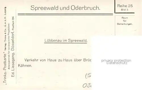 AK / Ansichtskarte Luebbenau Spreewald Verkehr von Haus zu Haus ueber Bruecken und mit Kaehnen Trinks Postkarte Reihe 25 Bild 5 Spreewald und Oderbruch Kat. Luebbenau