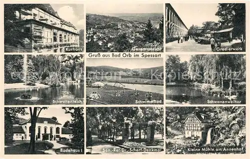 AK / Ansichtskarte Bad Orb Kurhaus Panorama Gradierwerk Schwanenteich Schwimmbad Schwanenweiher Badehaus Sanatorium Kl Muehle am Annenhof Kat. Bad Orb