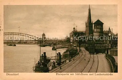 AK / Ansichtskarte Duesseldorf Rheinpartie mit Schlossturm und Lambertuskirche Kat. Duesseldorf