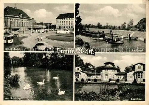 AK / Ansichtskarte Hamm Rhein Bahnhofsplatz Kanal Badehaus Nordring Schwaene Kat. Hamm am Rhein