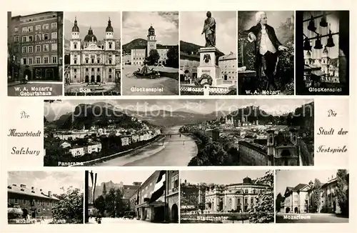 AK / Ansichtskarte Salzburg Oesterreich Mozarts Geburtshaus Glockenspiel Mozartdenkmal Portrait Panorama Stadttheater Mozarteum Kat. Salzburg