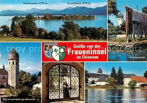 Fraueninsel Chiemsee Hochstaufen Rauscherg Fischernetze Muenster Kloster Frauenwoerth Kat. Chiemsee