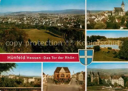AK / Ansichtskarte Huenfeld Landschaftspanorama Tor der Rhoen Kirche Schloss Freibad Kat. Huenfeld