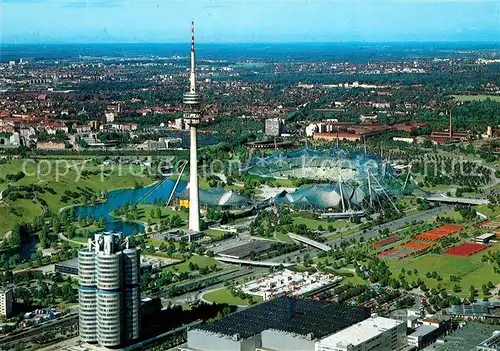 AK / Ansichtskarte Muenchen Panorama Olympiagelaende Olympiaturm BMW Hochhaus Olympiasee Kat. Muenchen