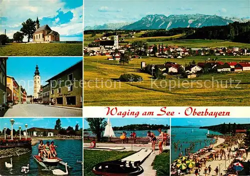 AK / Ansichtskarte Waging See Muehlbergkircherl Marktplatz Strandkurhaus Minigolfplatz Strandpromenade Kat. Waging a.See