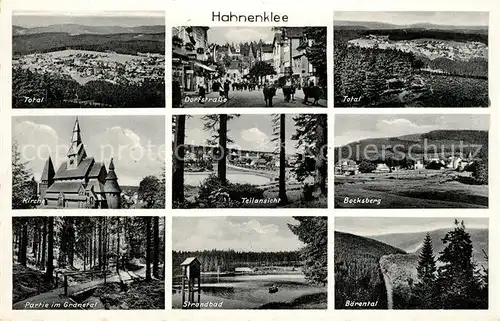 AK / Ansichtskarte Hahnenklee Bockswiese Harz Total Dorfstrasse Kirche Teilansicht Bocksberg Granetal Strandbad Baerental Kat. Goslar