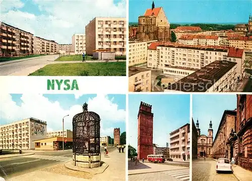 AK / Ansichtskarte Nysa Wohnsiedlung Innenstadt Turm Schoener Brunnen Kat. Neisse Oberschlesien