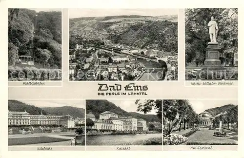 AK / Ansichtskarte Bad Ems Malbergbahn Lahnpartie Kaiser Wilhelm Denkmal Kurhaus Kursaal Lesesaal Kat. Bad Ems