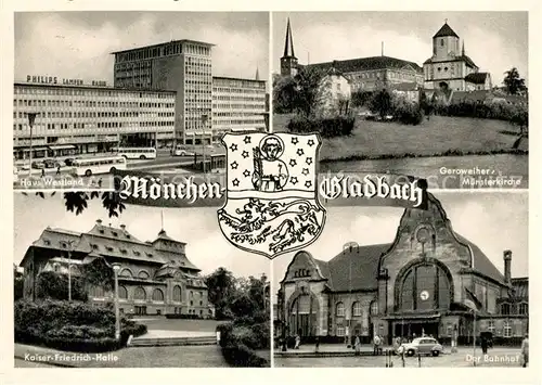 AK / Ansichtskarte Moenchengladbach Haus Westland Kaiser Friedrich Halle Bahnhof Wappen Geroweiher Muensterkirche Kat. Moenchengladbach